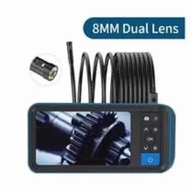 8mm dual-lens inspection camera with coiled cable and screen showing gear close-up, on a white background
